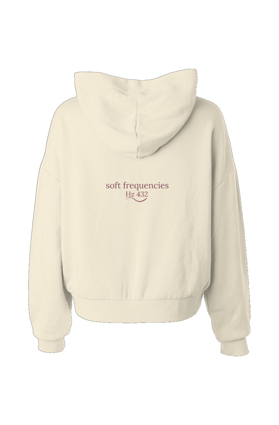 Back view of Soft Frequencies hoodie with Hz 432 and waveform design in Solace