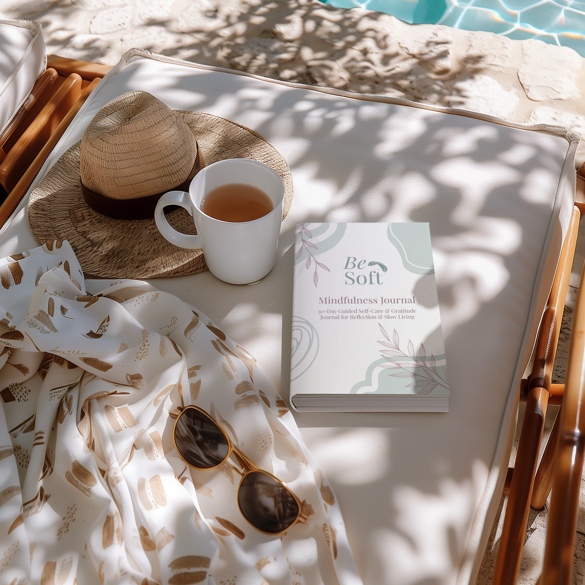 Be Soft Mindfulness Journal on a marble table beside coffee and croissant, a ritual for gratitude and inner calm
