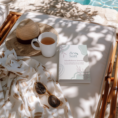 Be Soft Mindfulness Journal on a marble table beside coffee and croissant, a ritual for gratitude and inner calm
