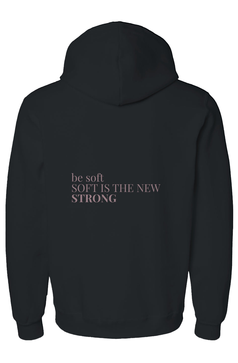 Be Soft hoodies in Shadow, Bloom, and Halo colors, minimalist back
