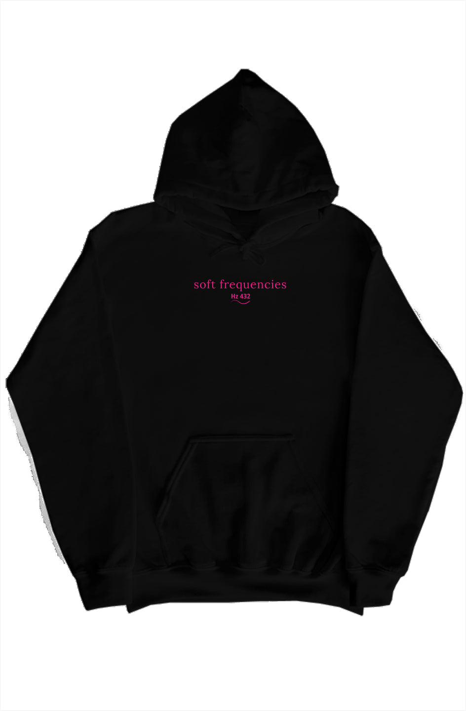 Black Soft Frequencies™ hoodie with 555 embroidery and Hz 432 patch in dark rose pink – spiritual techwear by Soft Frequencies™