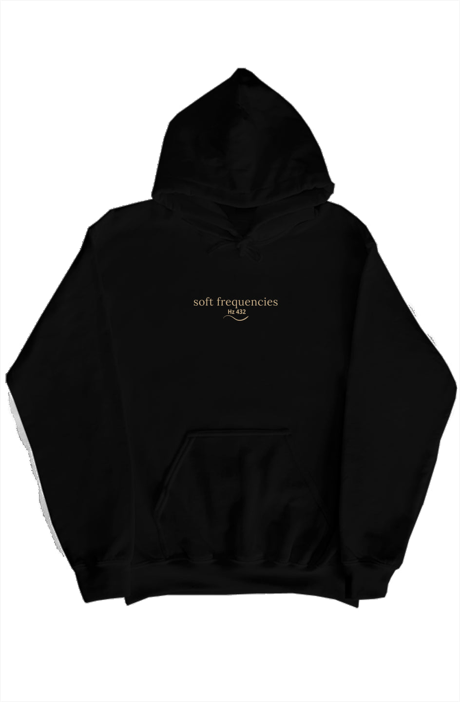 Black hoodie with golden Soft Frequencies™ logo and 111 back embroidery – Hz 432 spiritual techwear