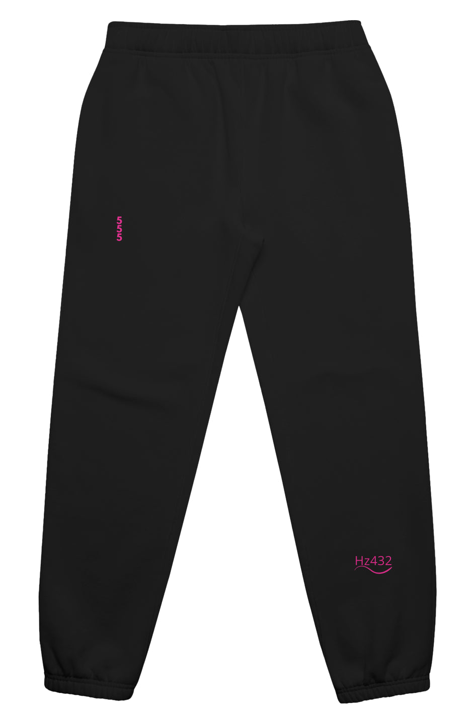 Black joggers with dark rose Hz 432 and 555 embroidery – Soft Frequencies™ frequencywear for transformation and alignment