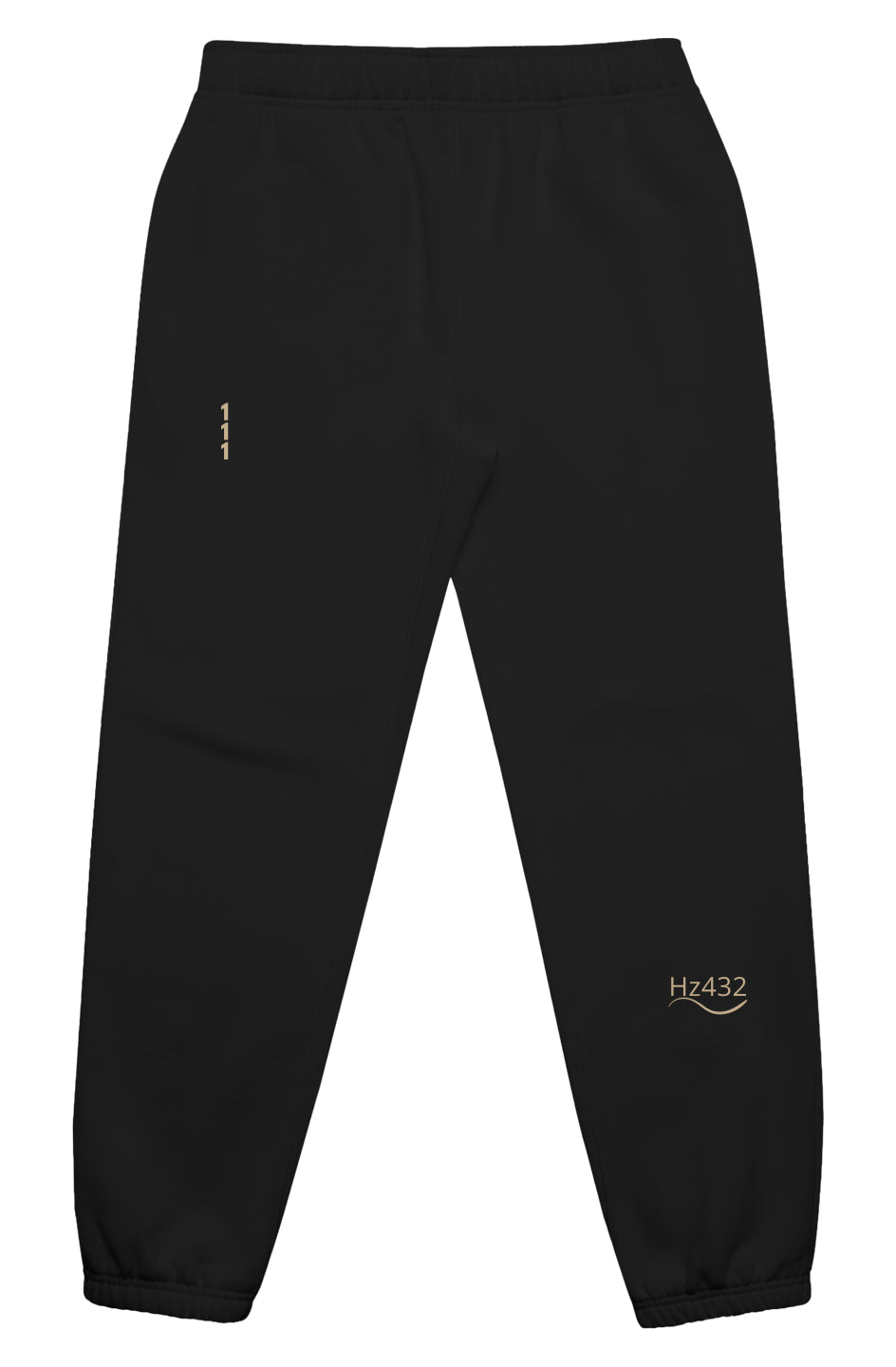 Black joggers with gold 111 and Hz 432 embroidery – Soft Frequencies™ Shadow + Golden joggers