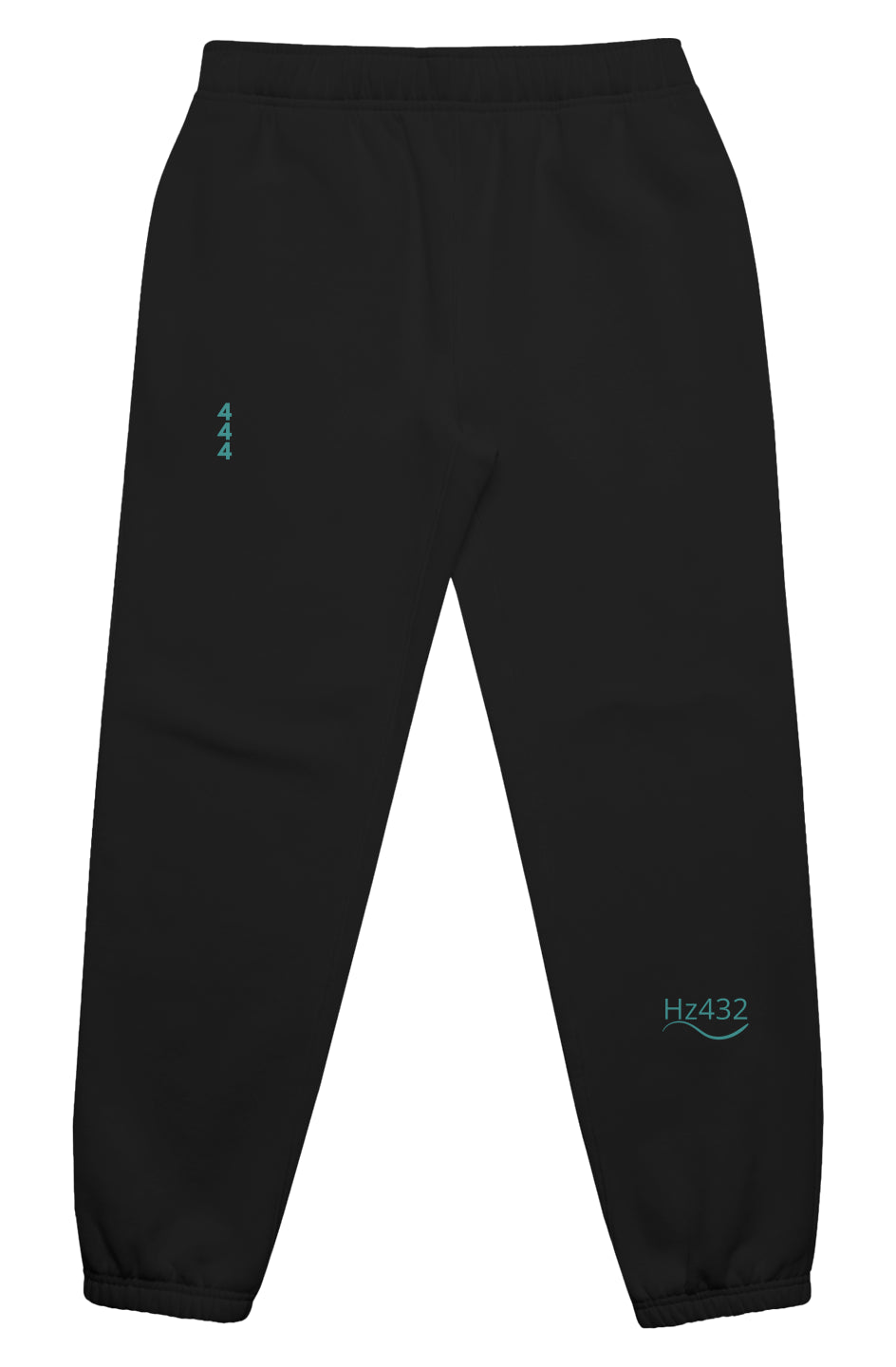 Black joggers with teal 444 and Hz 432 embroidery – Soft Frequencies™ frequencywear for grounding and alignment