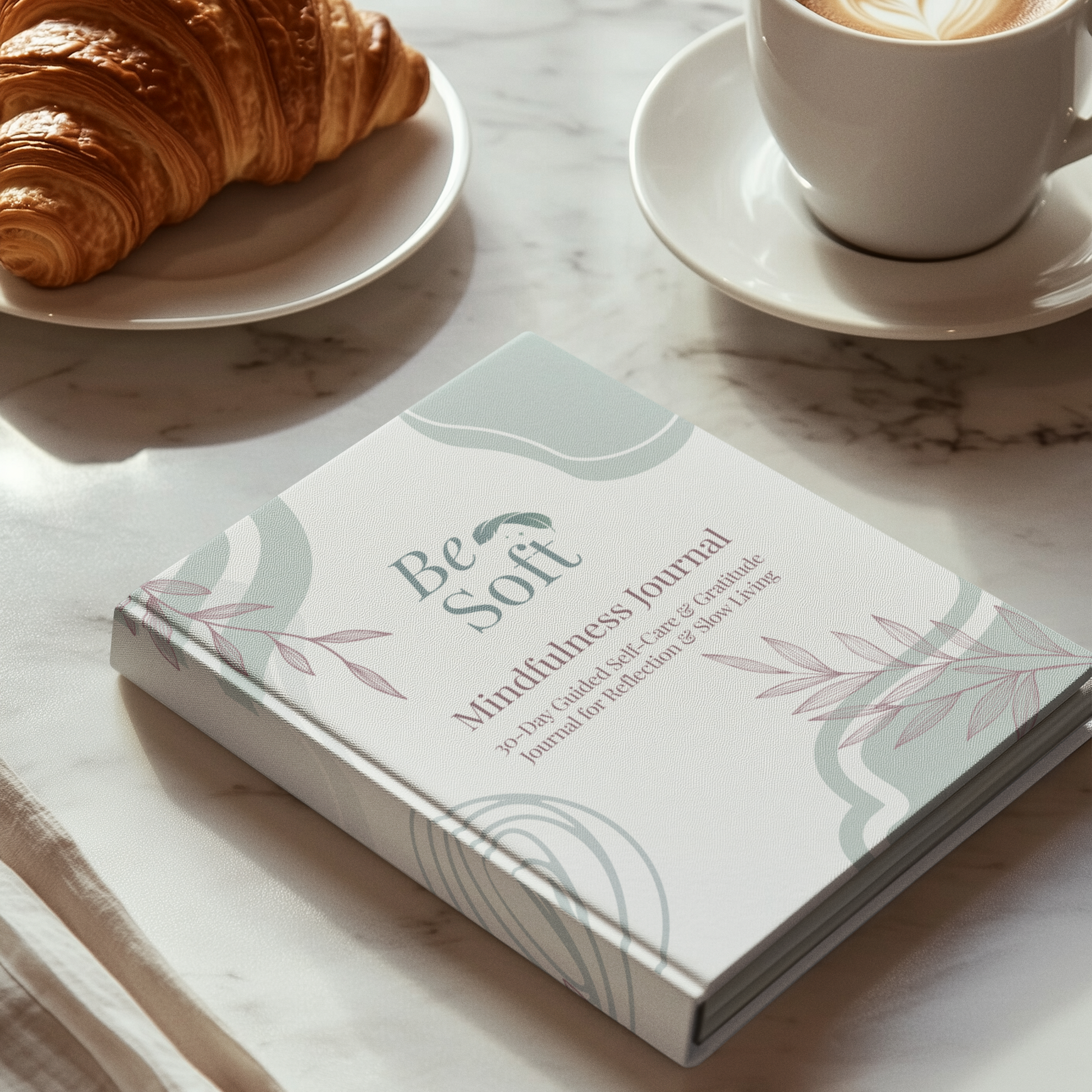Be Soft Mindfulness Journal on a marble table beside coffee and croissant, a ritual for gratitude and inner calm


