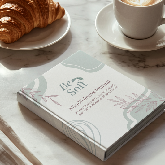 Be Soft Mindfulness Journal on a marble table beside coffee and croissant, a ritual for gratitude and inner calm

