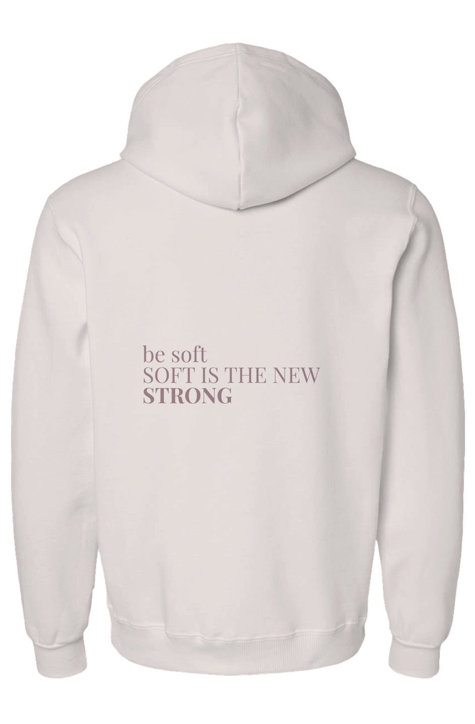 Be Soft hoodies in Shadow, Bloom, and Halo colors, minimalist back